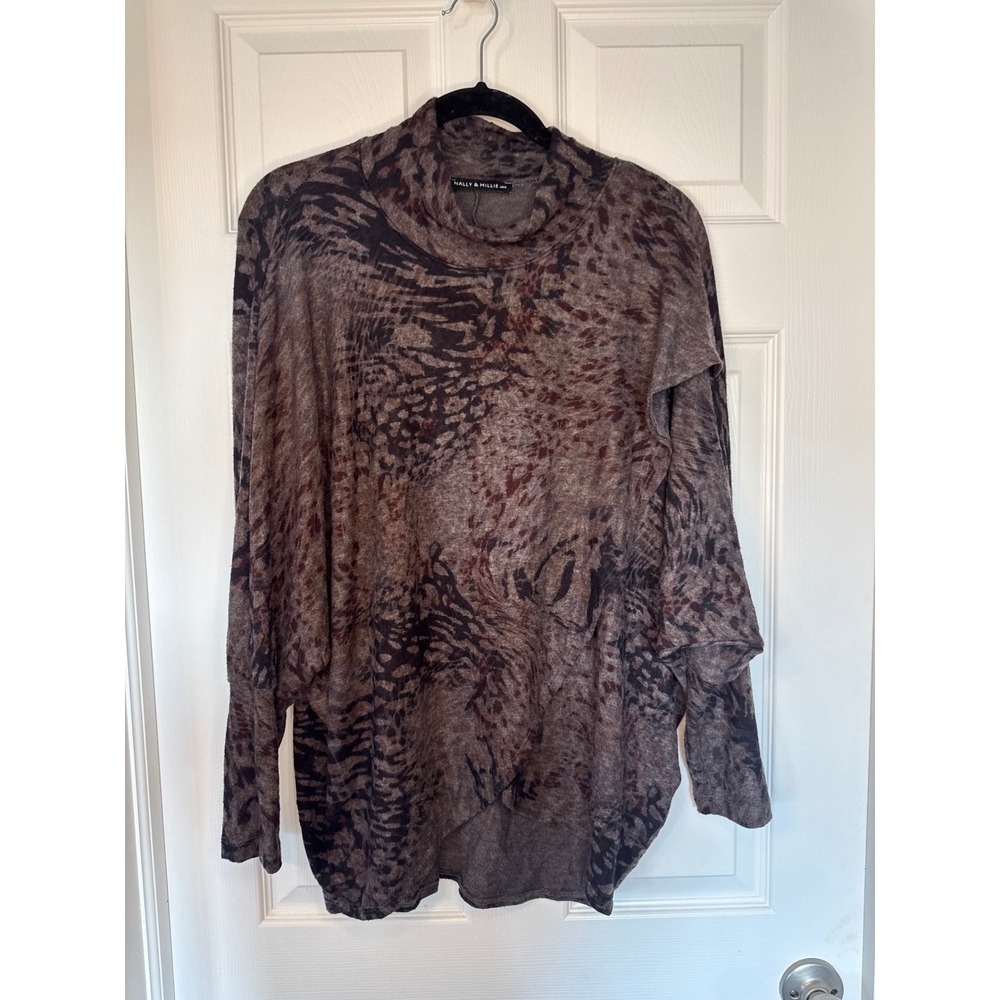 Nally & Millie USA Brown Animal Print Cowl Neck Batwing Tunic Top